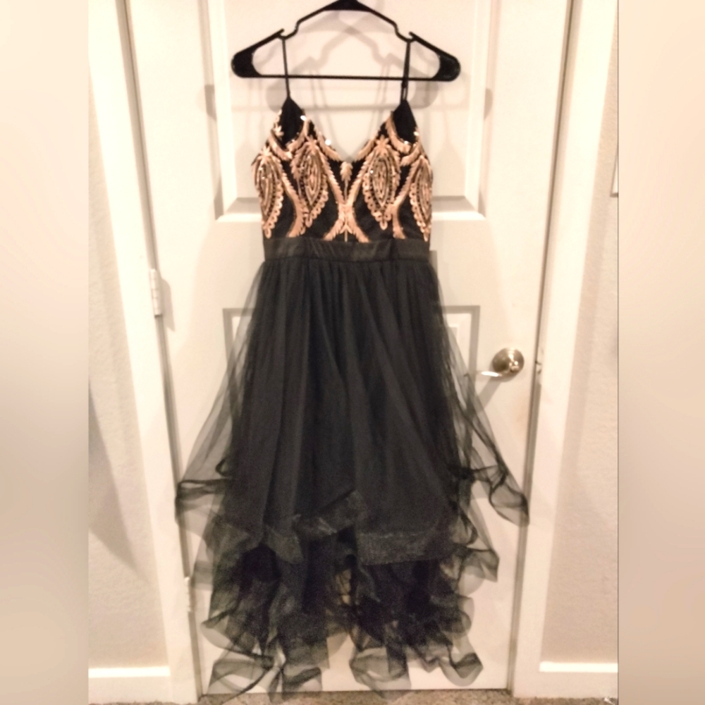 NWT IN:A Black and Gold Embroidered Tulle Cocktail Dress